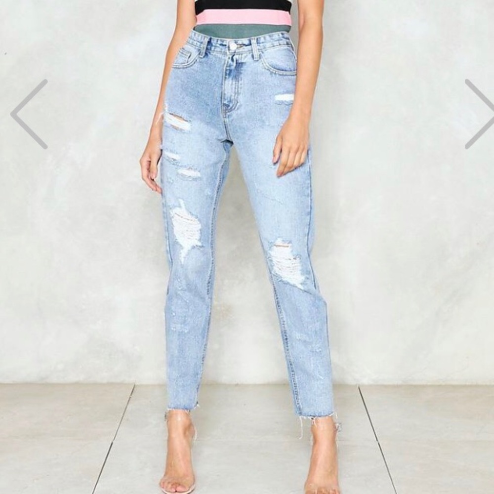 High waisted distressed jeans